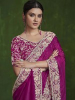 Dark Pink Habutai Silk Saree With Stitched Blouse